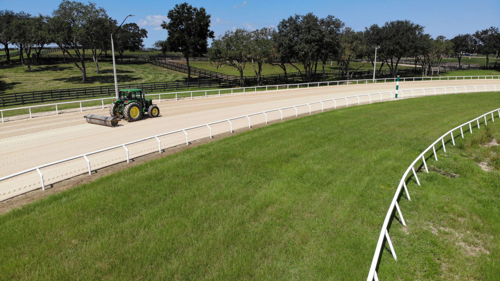The 7/8 mile turf course is carefully maintained and fertilized for an optimal thoroughbred training surface